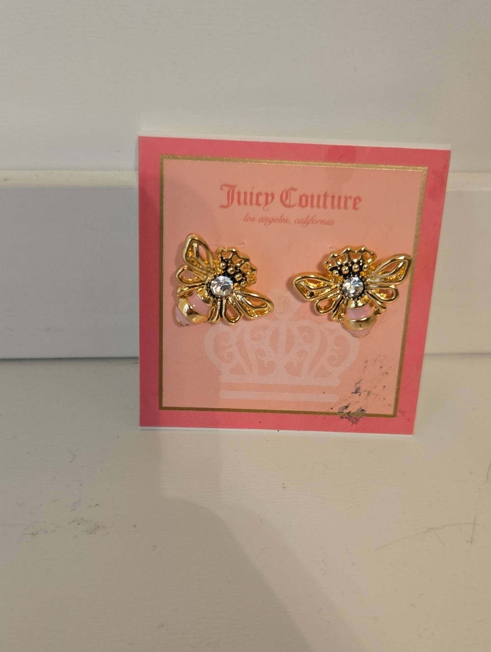 Juicy Couture Gold Bee Crystal Stud Earrings with Pink Detail Nwt